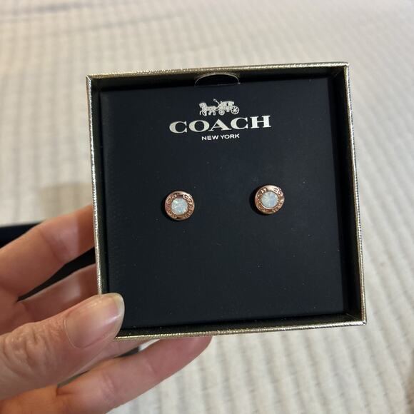 COACH NEW YORK Rose Gold Tone Open Circle Stud Earrings Gold Logo White New $68 - Picture 1 of 4